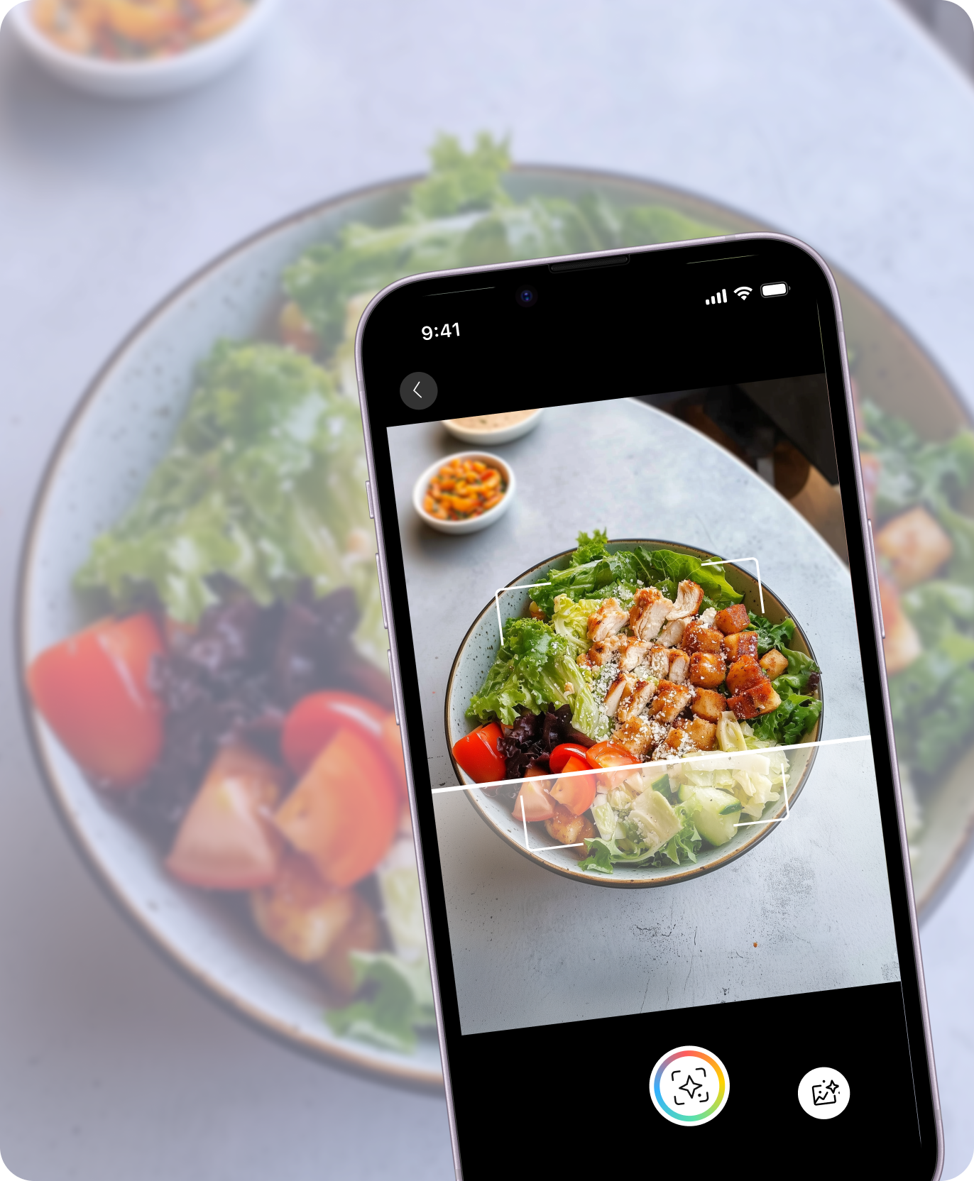 PortionPro meal scan screen showing portion guidance over a salad